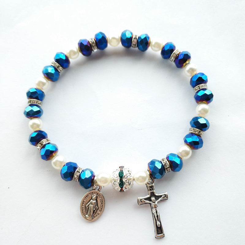 Wholesale Alloy Cross Crystal Girls Elastic Beaded Bracelet